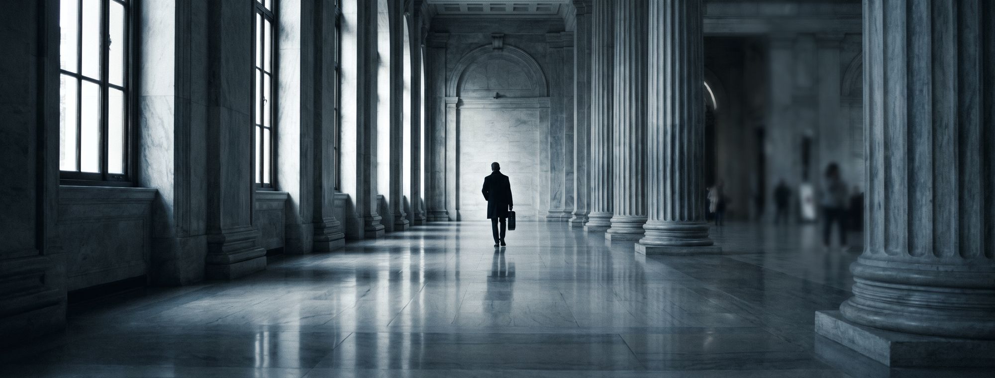 A marble courthouse corridor at dawn with a single professional walking through long light