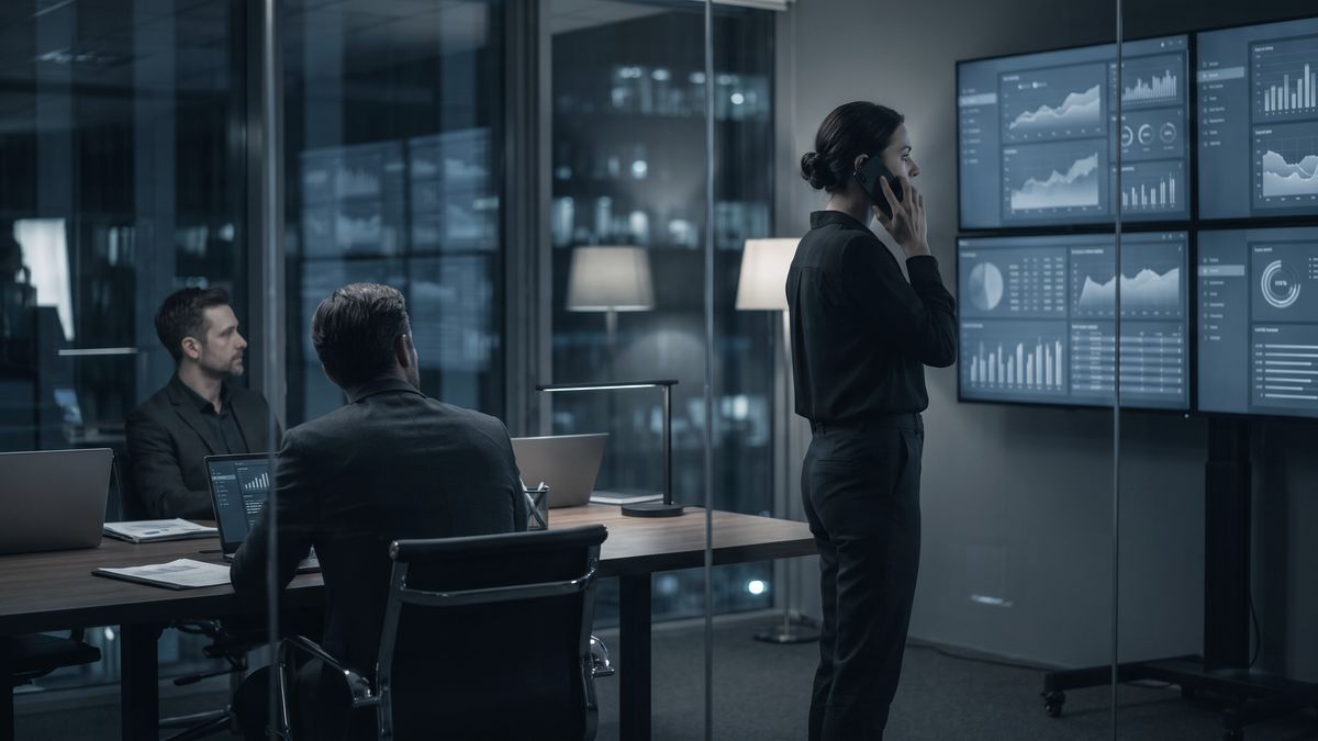 A small team working late in a glass-walled office in front of a wall of monitors showing abstract charts and feeds