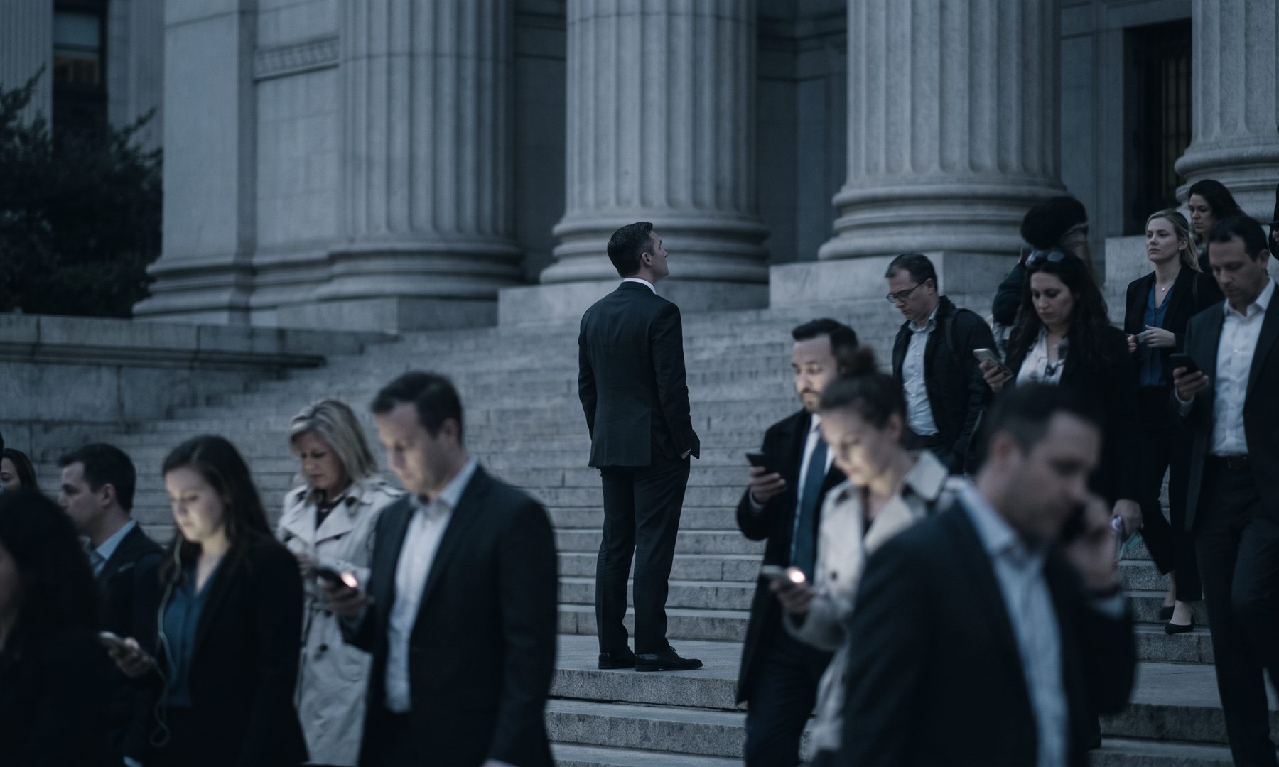 A composed executive standing still among a crowd of people lit by their phones on the steps of a courthouse at dusk