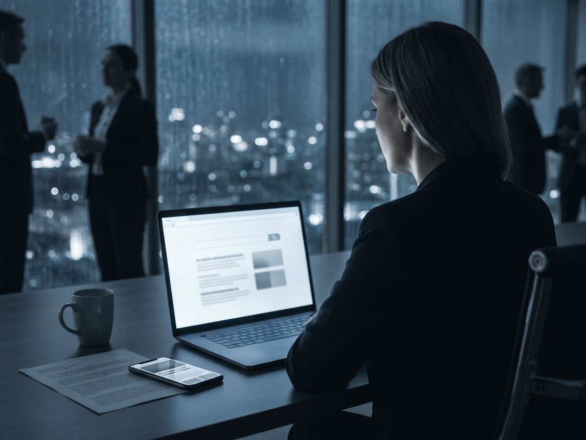 An executive at a desk late at night reading search results and news alerts about a dispute on a laptop and phone