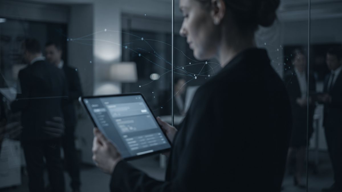 A professional holding a tablet showing an abstract AI answer and search results in a dark office